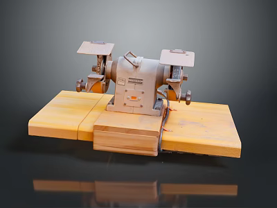 Vintage Bench Grinder Equipment on Yellow Wooden Base with Dark Background and Reflection 3d model