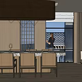 Modern Restaurant Interior With Golden Chandelier Large Windows Lattice Partitions And Wooden Counter