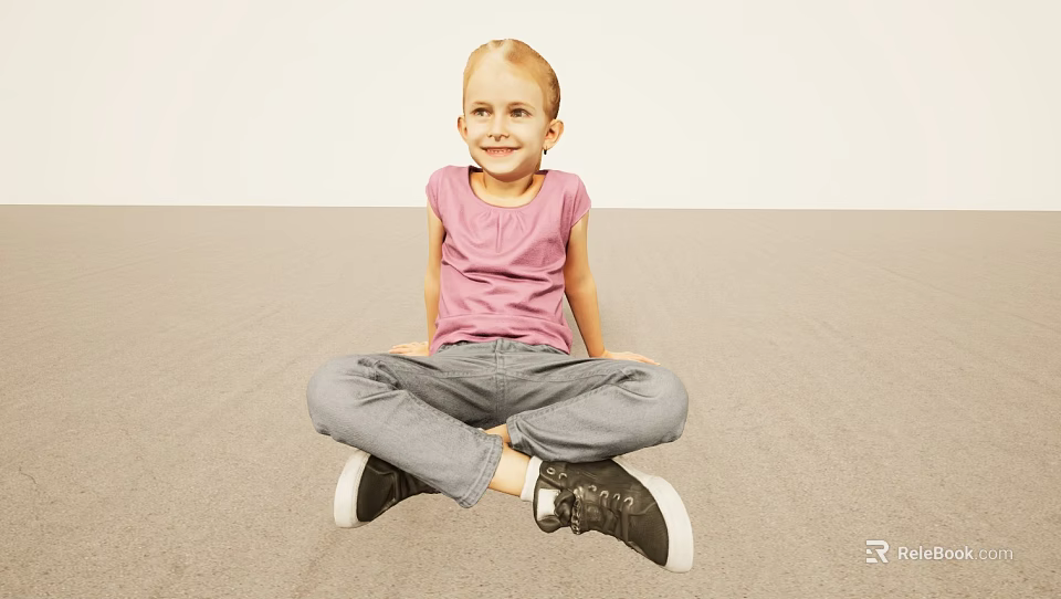 Smiling Woman Sitting On Floor Wearing Pink Top Gray Pants And Black Shoes 3d model 