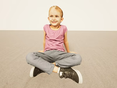 Smiling Woman Sitting On Floor Wearing Pink Top Gray Pants And Black Shoes 3d model