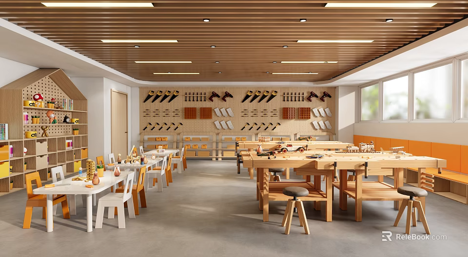 Modern Office Workspace With Open Layout Wooden Ceiling Desks Chairs And Bookshelves 3d model 