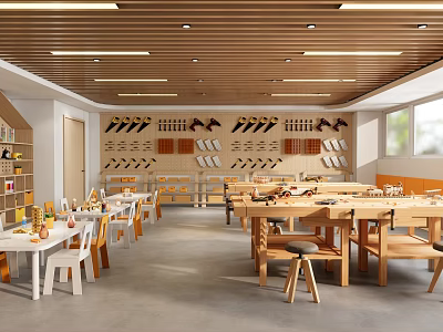 Modern Office Workspace With Open Layout Wooden Ceiling Desks Chairs And Bookshelves 3d model