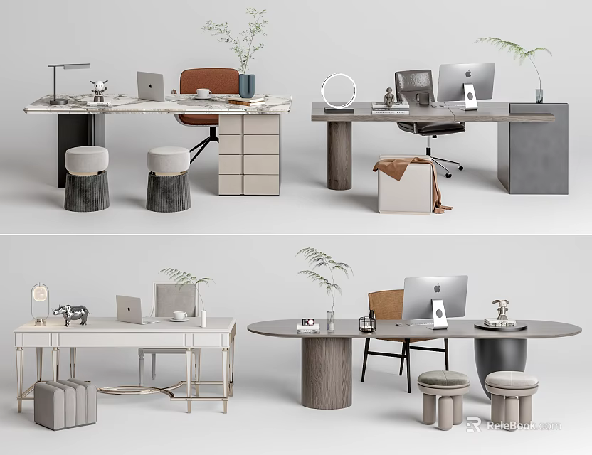 Modern Home Office Desks With Marble Wooden Tops Laptop Plant Stools And Storage Solutions 3d model 