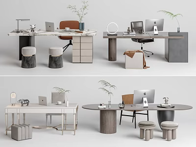 Modern Home Office Desks With Marble Wooden Tops Laptop Plant Stools And Storage Solutions 3d model