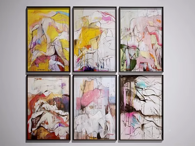 Framed Abstract Paintings On White Wall With Vibrant Colors And Expressive Brushstrokes Six Artworks 3d model