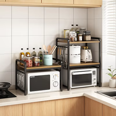 Practical Kitchen Storage Shelf With Metal And Wood Shelves Holding Microwave Spices And Cooking Utensils 3d model
