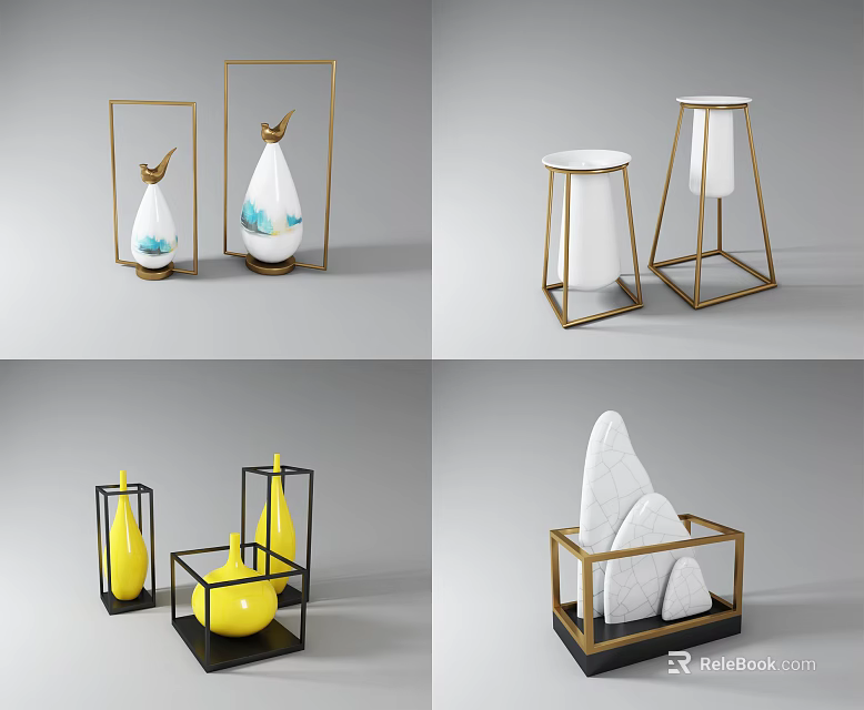Modern Decorative Ornament Set With Metal Frame Ceramic Teardrop And Marble Mountain Shapes 3d model 