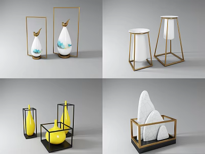 Modern Decorative Ornament Set With Metal Frame Ceramic Teardrop And Marble Mountain Shapes 3d model
