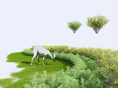 Lush Green And Yellow Shrubs In Meadow With Deer Grazing On Grass 3d model