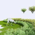 Lush Green And Yellow Shrubs In Meadow With Deer Grazing On Grass