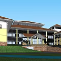 Modern Waterfront Hotel Building With Yellow White Exterior Large Windows And Brown Roof