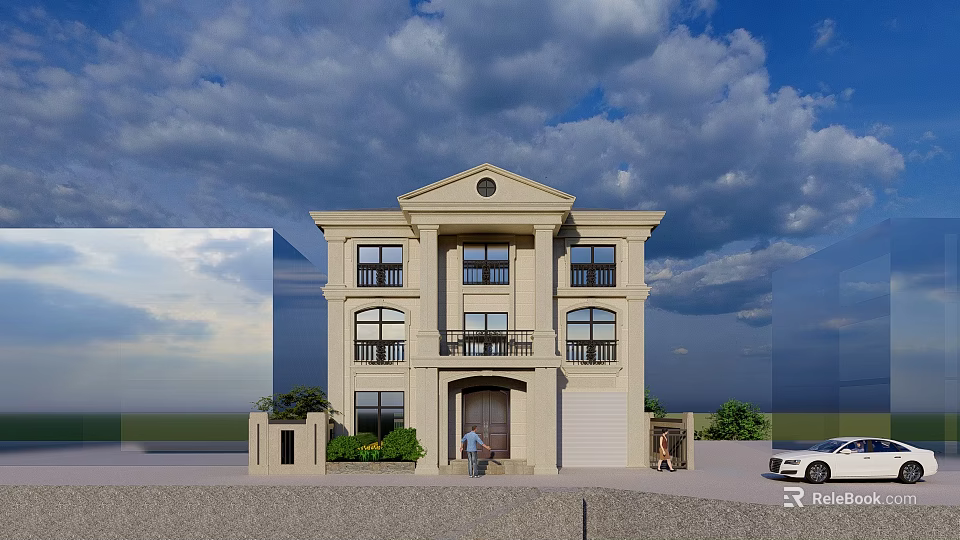 Two Story Beige Detached Villa With Symmetrical Design Porch Green Plants And White Car 3d model 