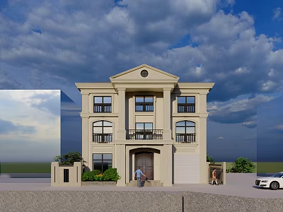 Two Story Beige Detached Villa With Symmetrical Design Porch Green Plants And White Car 3d model