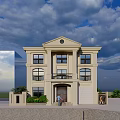 Two Story Beige Detached Villa With Symmetrical Design Porch Green Plants And White Car