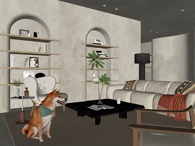 Warm Modern Living Room With Arched Built In Shelves Soft Sofa And Black Coffee Table 3d model