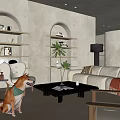 Warm Modern Living Room With Arched Built In Shelves Soft Sofa And Black Coffee Table