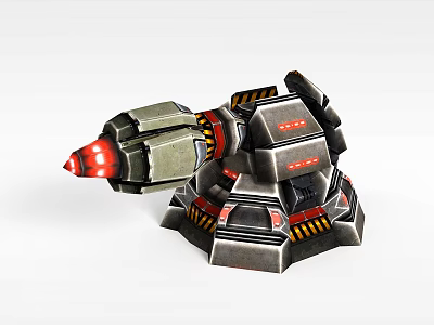 Mechanical Turret Tower With Metal Structure Red Lights And Gray Body Yellow Stripes 3d model