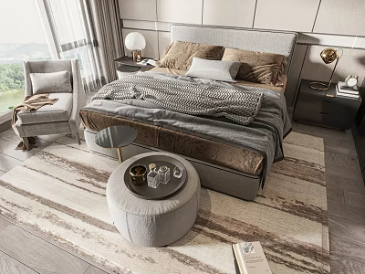 Modern Double Bed In Cozy Bedroom With Side Tables 3d model