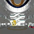 Modern Hall Interior Featuring Spiral Staircase Yellow Robot Starry Blue Ceiling And Glass Railings