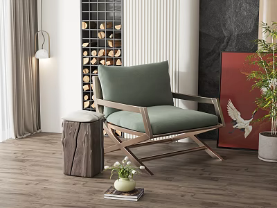 Green Accent Chair With Wooden Frame Stool Beside Small Plant Red Painting On Wooden Floor 3d model