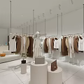 Modern Clothing Store with Hanging Clothes Mannequins Display Counters Bags and Green Plants