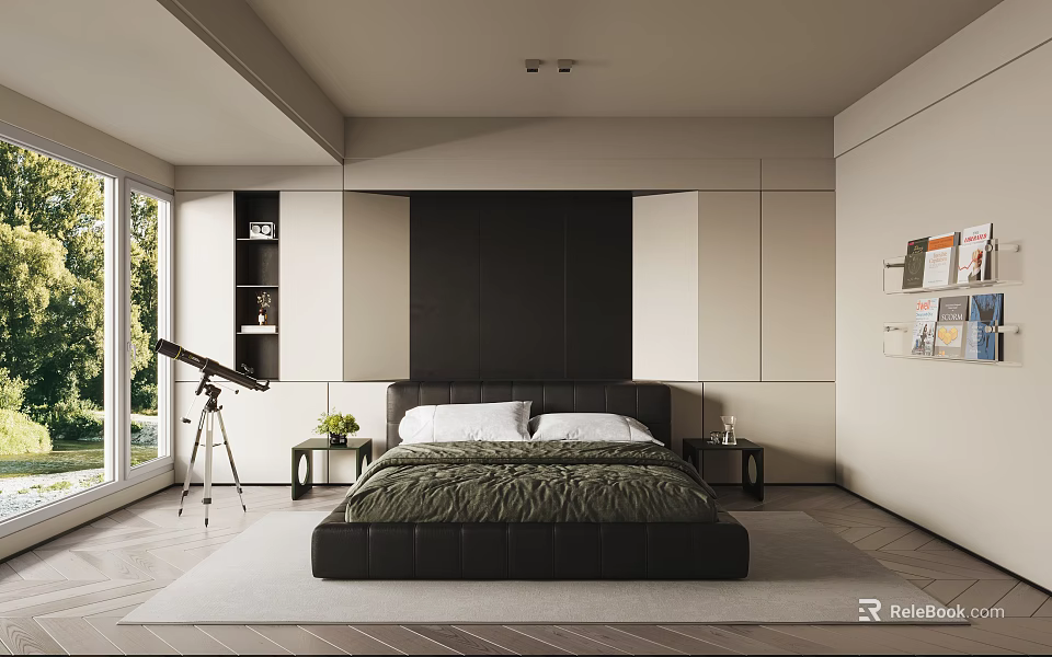 Modern Bedroom Interior With Black Bed Dark Headboard Wall Large Windows And Green View 3d model