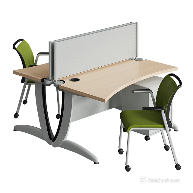 Modern Office Desk With Light Wood Top Partition And Green Wheeled Chairs 3d model 