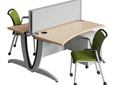 Modern Office Desk With Light Wood Top Partition And Green Wheeled Chairs 3d model