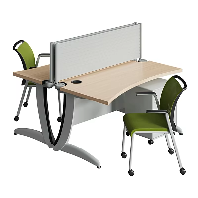 Modern Office Desk With Light Wood Top Partition And Green Wheeled Chairs 3d model