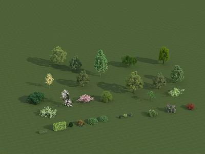 Various Types of Trees with Different Heights Shapes and Colors Including Shrubs and Flowers 3d model