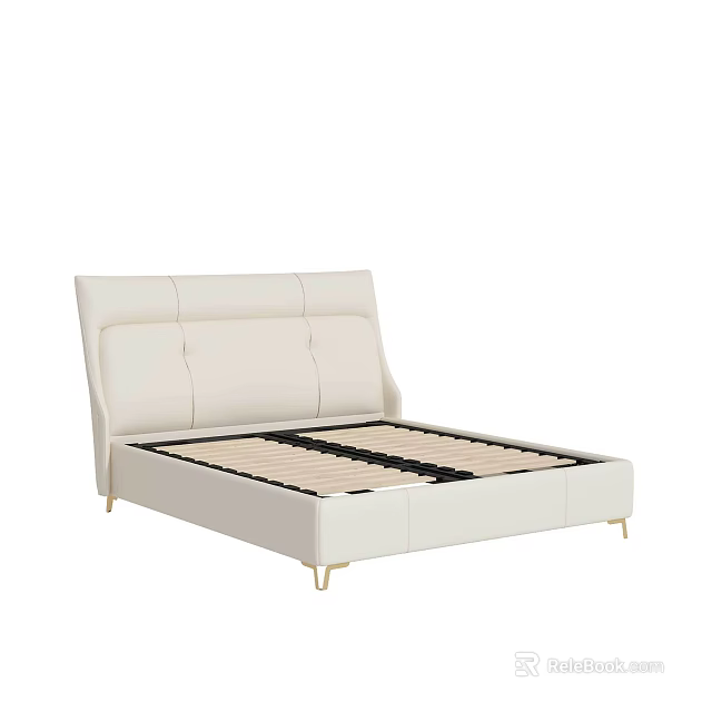 Modern White Leather Double Bed With Upholstered Headboard And Golden Legs 3d model 