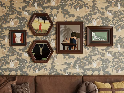 Abstract Paintings In Framed Artworks On Patterned Wallpaper Living Room With Brown Sofa And Cushions 3d model