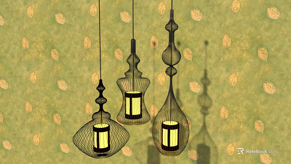 Black Wireframe Pendant Lights With Yellow Glow On Green Leaf Pattern Wall 3d model 