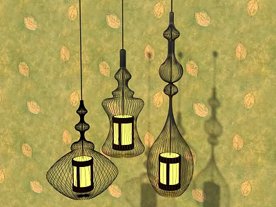 Black Wireframe Pendant Lights With Yellow Glow On Green Leaf Pattern Wall 3d model