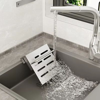 Modern Kitchen Black Sink With Stainless Steel Faucet Drainer Rack And Flowing Water 3d model