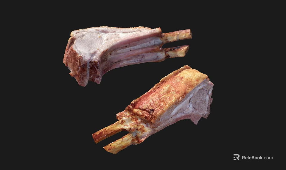Stone Wood Platter With Raw And Cooked Rib Meat Cuts On Black Background 3d model 