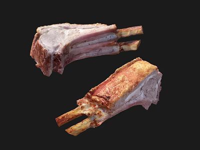 Stone Wood Platter With Raw And Cooked Rib Meat Cuts On Black Background 3d model