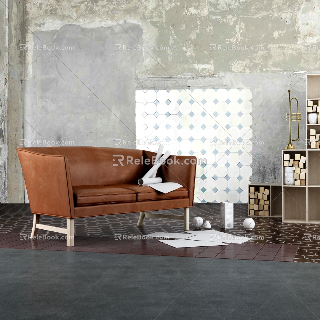 Leather double sofa Nordic double sofa 3d model