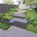 Modern Courtyard Feature Wall With Lush Green Plants Stone Steps And Trees 3d model