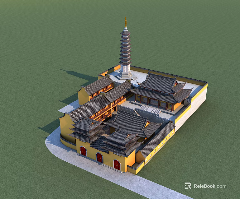 Traditional Chinese Ancient Architecture with Yellow Walls Black Tiled Roofs and Central Tall Pagoda Courtyard 3d model 