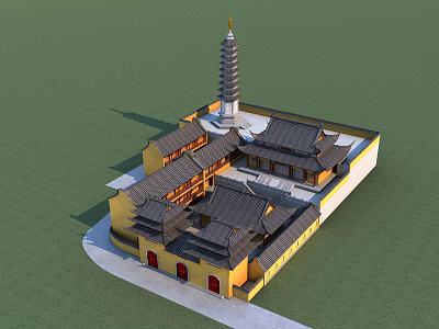 Traditional Chinese Ancient Architecture with Yellow Walls Black Tiled Roofs and Central Tall Pagoda Courtyard 3d model