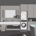 Modern Bathroom Interior With Freestanding Bathtub Washing Machine Vanity Mirror Cabinets And Tiled Floor