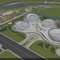 Aerial View Planning of Large Modern Circular Architectural Complex with Green Spaces River and Roads