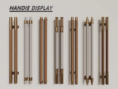 Various Modern Cabinet Handles Display With Wooden Metal Accents In Gold White Brown 3d model