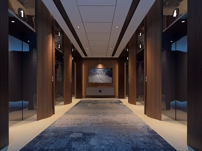Elevator Lobby Interior Design With Wooden Panels Blue Carpet And Decorative Artwork 3d model