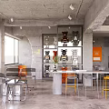 Modern Industrial Café Interior With Concrete Ceiling Tables And Orange Decor