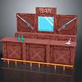 Pixel Art Bar Setup Featuring Wooden Counter Hanging Guns Green Bottles And Yellow Railings