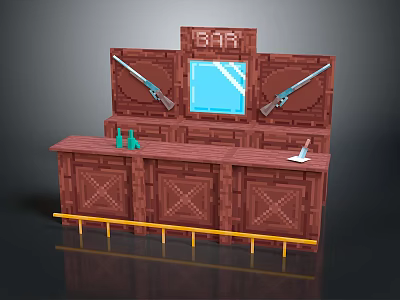 Pixel Art Bar Setup Featuring Wooden Counter Hanging Guns Green Bottles And Yellow Railings 3d model