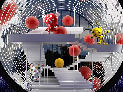 Art Installation With Red Yellow Characters White Stairs Transparent Structure Colorful Dots 3d model