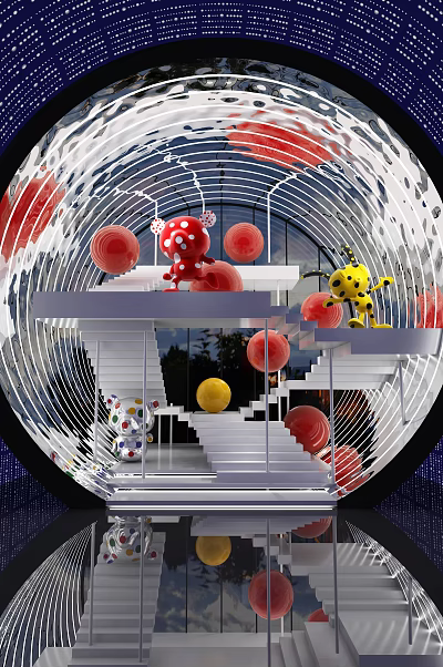 Art Installation With Red Yellow Characters White Stairs Transparent Structure Colorful Dots 3d model